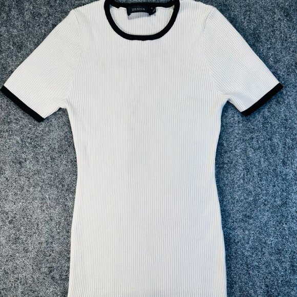 ZESICA WMNS White Ribbed Knit Sweater Large Black Trim Preppy Stretchy Pullover - Picture 1 of 9